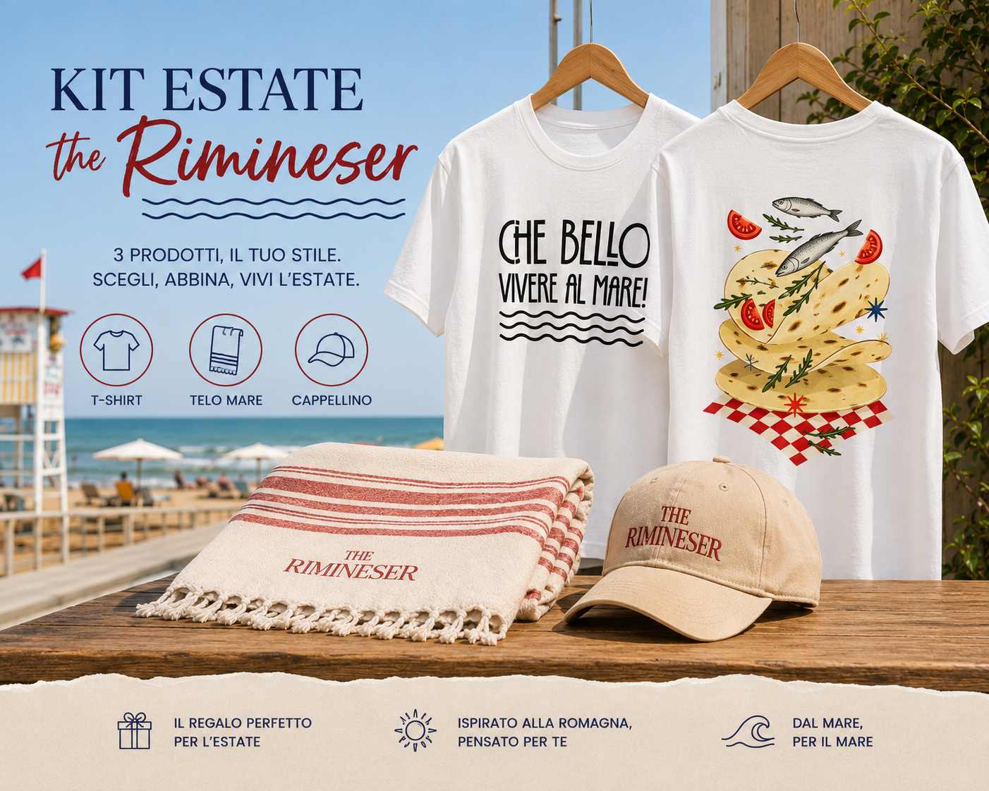 KIT ESTATE THE RIMINESER - T-shirt (a scelta) + telo (rosso - blu) + cappellino (nero - marrone - sabbia)