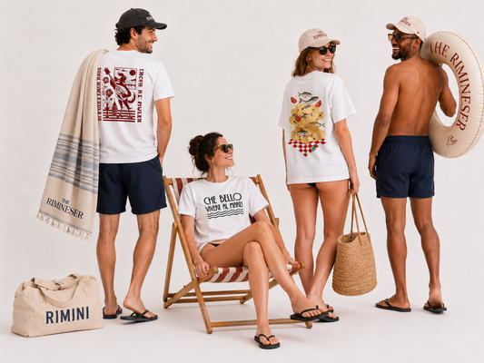 KIT ESTATE THE RIMINESER - T-shirt (a scelta) + telo (rosso - blu) + cappellino (nero - marrone - sabbia)